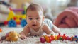 a cute little tiny baby child playing with toys in a play room at home. sitting and laying on carpet under parents attention. wallpaper background