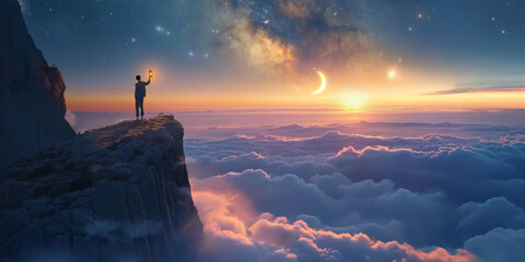 Wall Mural - Person with lantern on the edge of rock cliff with sea of clouds and milky way stars at sunrise