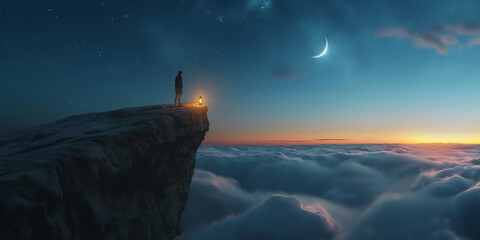 Wall Mural - Person with lantern on the edge of rock cliff with sea of clouds and moon at sunset