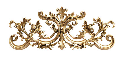 3D render of vintage gold baroque frame scroll, gold ornament on transparent background
