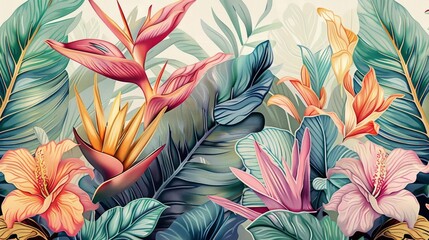  Tropical background. Exotic Landscape, Hand Drawn Design. Luxury Wall Mural. Leaf and Flowers Wallpaper.
