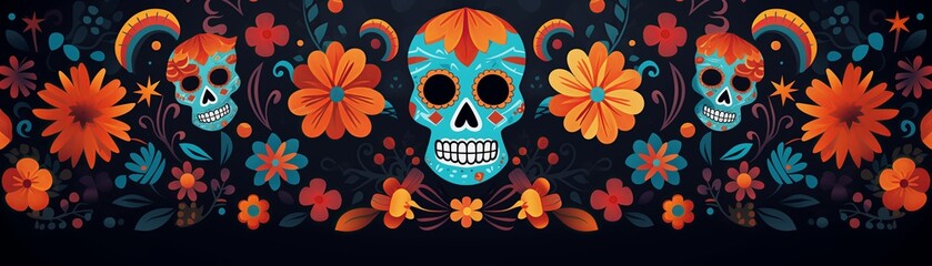  sugar skulls adorned with floral patterns celebrate Day of the Dead against a dark backdrop,  Mexican tradition concept