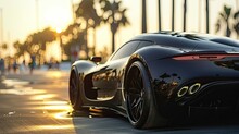 A Sleek Black Sports Car, Glistening Under The Sunlight, Its Curves Reflecting The Surrounding Scenery.