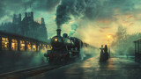 Fototapeta Sypialnia - A poignant scene of a farewell at an old train station, with steam from the locomotive blurring the figures, evoking a sense of nostalgia, departure, and the bittersweet nature of goodbyes.