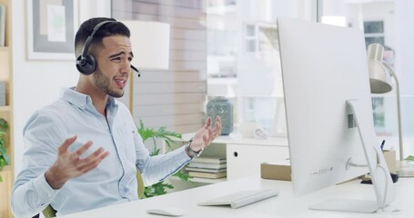 Poster - Frustrated business man, headphones and call center for debt, mistake or fail in customer service at office. Angry person, young employee or consultant agent with computer problems at the workplace