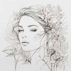 Wall Mural - Abstract female face in one line. Woman face with flowers Surreal Line art female floral girl. Minimalism Abstract modern Continuous single line woman face portrait
