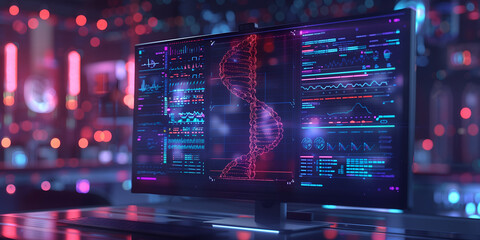 Wall Mural - Dark office interior with glowing dna hologram. 3D Rendering