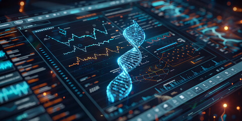 Wall Mural - Futuristic dna hologram on blue background 3D rendering