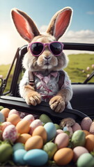 Wall Mural - Cute Easter Bunny with sunglasses looking out of a car