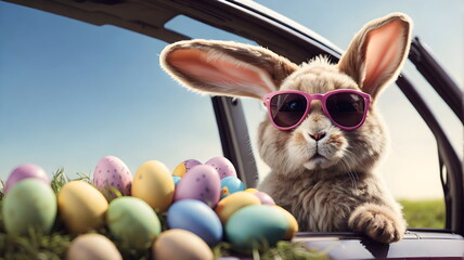 Wall Mural - Cute Easter Bunny with sunglasses looking out of a car