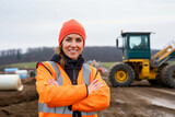 Fototapeta  - A portrait of a woman, part of a survey crew looking at the camera and smiling with her arms crossed while wearing a hardhat and reflective clothing