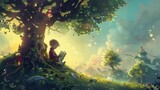 Fototapeta Sypialnia - a child reading a storybook under a tree, with characters and landscapes from the book coming to life around them, blending reality and fantasy in a magical storytelling moment.