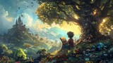 Fototapeta Sypialnia - a child reading a storybook under a tree, with characters and landscapes from the book coming to life around them, blending reality and fantasy in a magical storytelling moment.