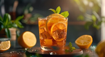 Wall Mural - A refreshing glass of iced tea with lemon slices and mint leaves