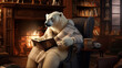 polar bear, reading quietly in a library, wearing pajamas, large fire place lit and a steaming cup of hot chocolate