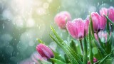 Fototapeta  - spring flowers rain drops, abstract blurred background flowers fresh rain
