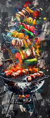 Vibrant and Chaotic Graffiti-Style Barbecue Grill Sizzling with Delicious-Looking Foods