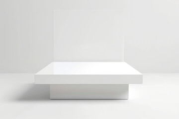 Close up view of a modern white empty display table, isolated with white background...