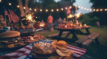 A 4th Of July BBQ Celebration, Complete With American Flag Decorations, Fireworks, And A Spread 