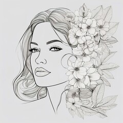 Wall Mural - Abstract female face in one line. Woman face with flowers Surreal Line art female floral girl. Minimalism Abstract modern Continuous single line woman face portrait
