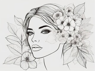 Wall Mural - Abstract female face in one line. Woman face with flowers Surreal Line art female floral girl. Minimalism Abstract modern Continuous single line woman face portrait
