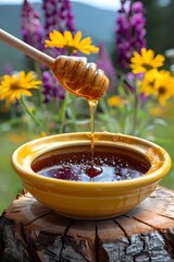 honey dripping and over flow from a wooden spoon on on the pot with flower garden background 