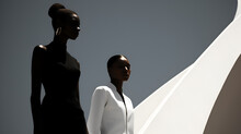 Two African-American Women Dressed Elegantly Near A Modern Art Structure - One Dressed In Black And One In White - Ying-Yang