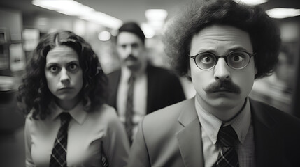 Wall Mural - Eccentric and quirky office workers frustrated and aggravated - regular people - not models - black and white - gritty appearance - vintage feel - serious expression - workplace humor 