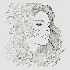 Wall Mural - Abstract female face in one line. Woman face with flowers Surreal Line art female floral girl. Minimalism Abstract modern Continuous single line woman face portrait
