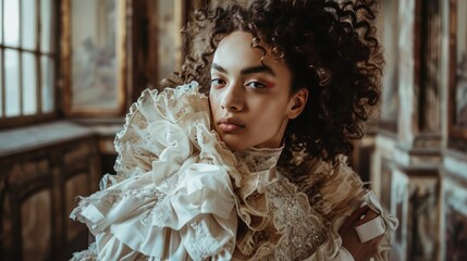 Canvas Print - A decadent, Rococo-inspired fashion photoshoot in a historic mansion. The model is dressed in an opulent 
