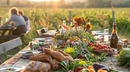 Wall Mural - A farm-to-table picnic in the countryside, where a long table is set among the fields. 