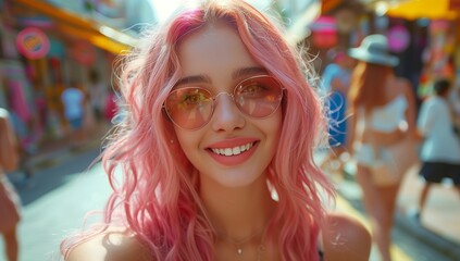 Wall Mural - A happy woman with pink hair is leisurely wearing sunglasses and smiling. She is enjoying her travel adventure, rocking electric blue eyewear and a stylish hat while taking a selfie at an event