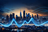 Fototapeta  - Smart city and big data connection technology concept with digital blue wavy wires with antennas on night megapolis city skyline background, double exposure