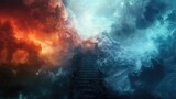 Fototapeta  - Stairway leading up to a divine light in clouds - This intriguing image depicts a stairway winding up to a celestial realm in a contrasting scene of serenity and turmoil in the clouds