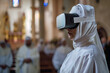 A nun, clad in traditional white religious attire, immersed in a virtual reality experience within the serene setting of a church.