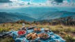 A rustic mountain picnic after a morning hike, with a checkered blanket overlooking a panoramic view of the valleys below. The meal includes hearty 