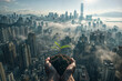 A person is holding a small plant in their hand, with a city in the background. Concept of hope and growth, as the plant represents new life and the city represents a bustling, thriving environment