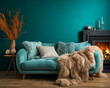 A stylish blue velvet sofa with fur throw blanket and pillows in a cozy living room with fireplace.