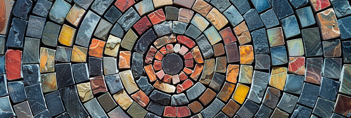 circular pattern of colorful stone tiles arranged in an intricate spiral, generative AI