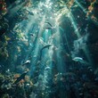 Illustrate the crucial work of preserving our oceans with a striking lowangle shot Highlight the synergy between conservationists and underwater creatures