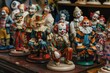 Collection of colorful clown figurines on display