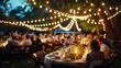 An elegant outdoor wedding reception under string lights, where guests are served spaghetti carbonara 