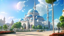 Brightly Colored Animated Cityscape With A Grand Mosque And Minarets Under A Blue Sky With Fluffy Clouds.