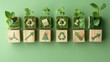 © chanidapa - icons related to reduce, reuse, recycle on green background blocks The concept of reduce, reuse, reuse symbols,