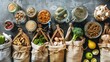 Zero waste shopping concept - groceries in textile bags and glass jars, top view