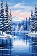 Winter Snowy Pine Trees and Tranquil Lake