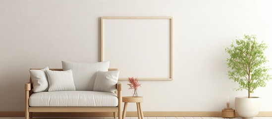 Sticker - A living room in a building with hardwood flooring, featuring a couch and a picture frame on the wooden wall fixture