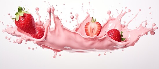 Wall Mural - Three strawberries are gracefully splashing into a magenta liquid, resembling a beautiful painting with watercolor petals and peach hues