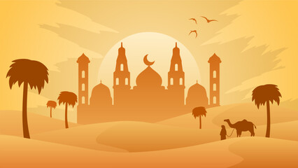 Canvas Print - Ramadan landscape vector illustration. Mosque silhouette in the desert with camel and a muslim. Mosque landscape for illustration, background or ramadan. Eid mubarak landscape for ramadan event