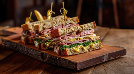 Canvas Print - Three sandwiches are on wooden board, each with different filling